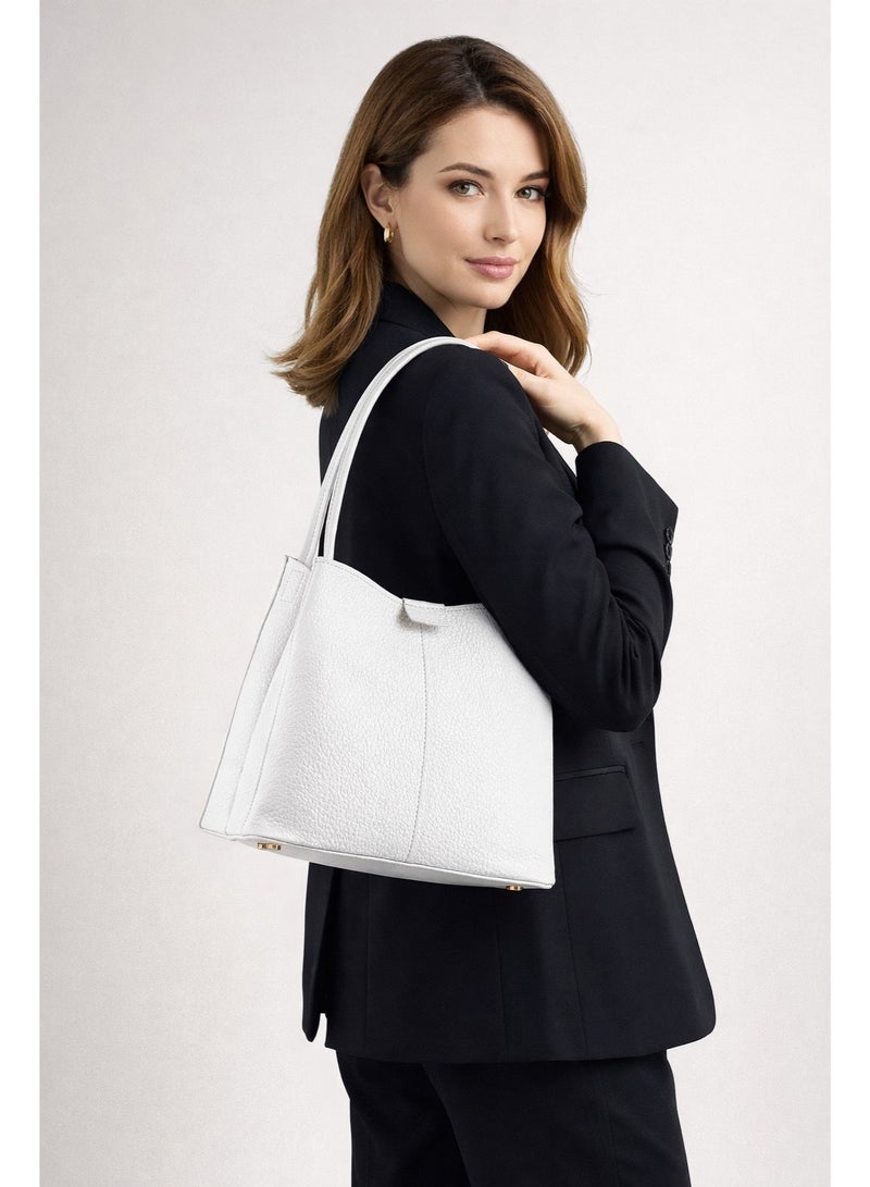 Premium Women's Handbag with Pebbled Leather Texture - Sophisticated Top-Handle Design with 3 Organized Internal Compartments (White) - Image 2